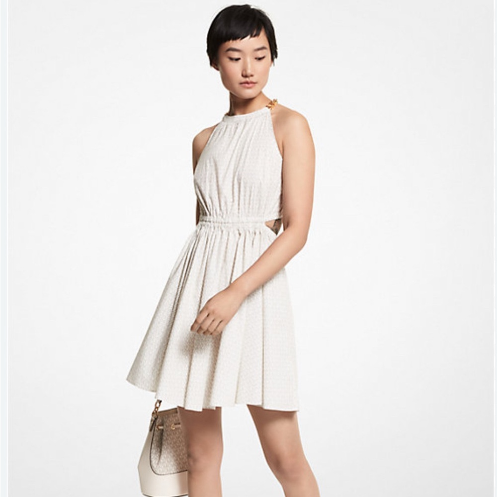 Michael Kors Logo Print Stretch Organic Cotton Poplin Cutout Dress